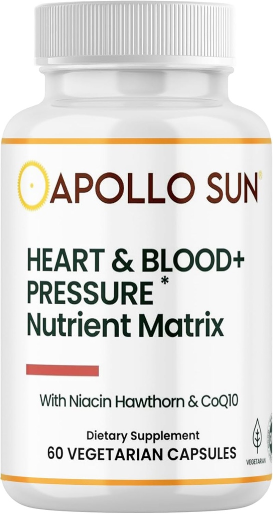 APOLLO SUN Herz und Blut + Drucker Supplement Nährstoffmatrix mit Hawthorn Extrakt, Niacin und COQ10, 60 vegetarische Kapseln