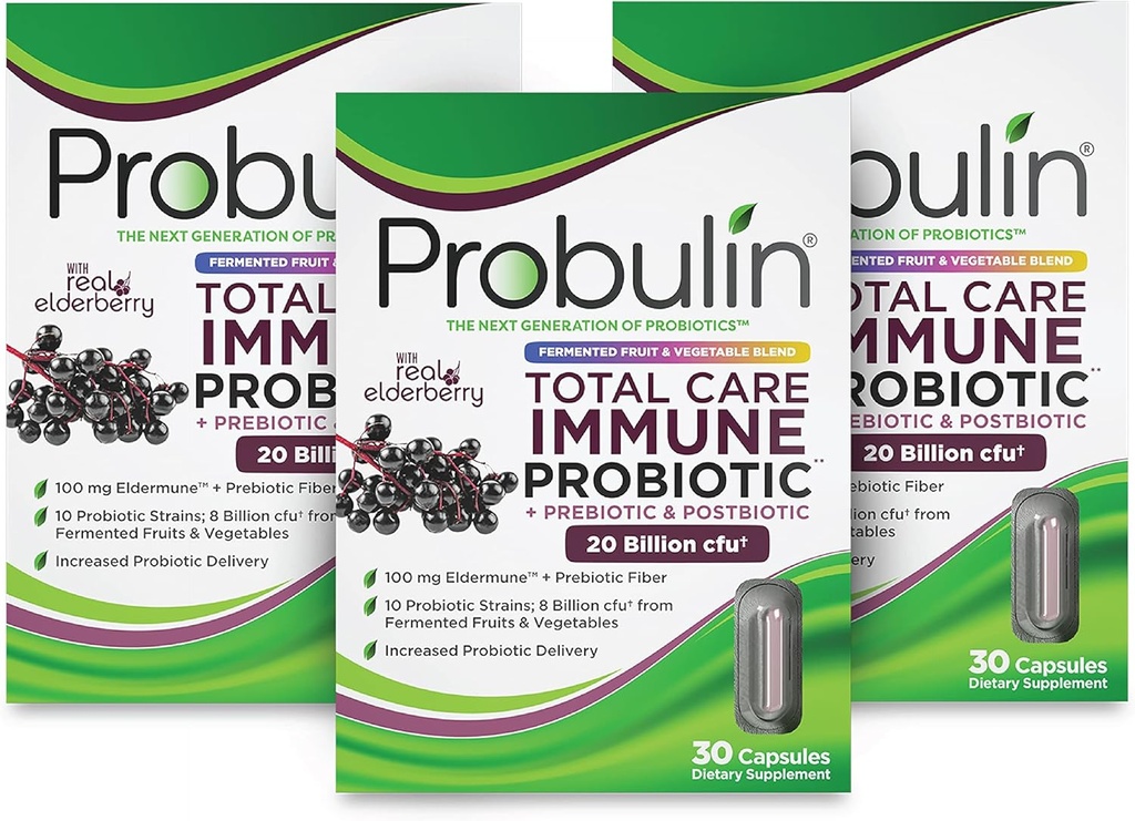 Probulin Total Care Immune = Präbiotika + Probiotika + Postbiotika + Elderberry zur Unterstützung von Immun- & Gut-Gesundheit - 20 Billion CFU - 10 Strains - 30 Vegan-Kapseln (Pack von 3)