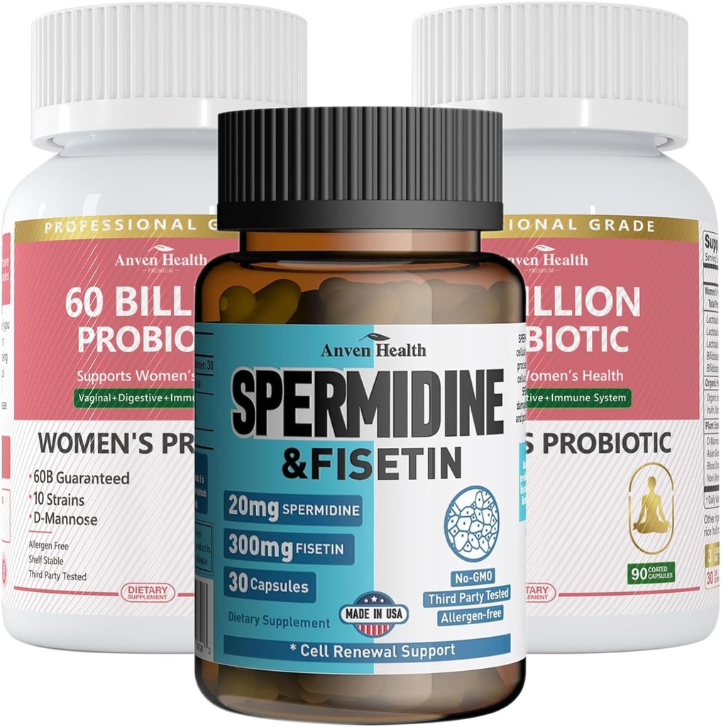 Wellness Bundle: 2 Flaschen Frauen Probiotika + 1 Flasche Spermidin & Fisetin – Verdauungsmedizin, Zelluläre Erneuerung und Anti-Aging-Unterstützung für Frauen