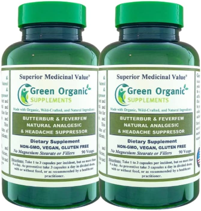 Green Organic Supplements Butterbur, Feverfew, Analgesic, Painkiller, & Headache Suppressor, 90 VCaps, High Absorbable, Non-GMO, Gluten-Free (Pack von 2)