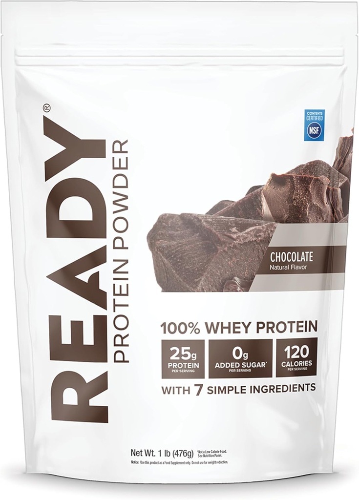 Ready® Protein Powder – 25g Whey Protein, 120 Kalorien, 0g Hinzugefügt Zucker – 7 einfache Zutaten – keine künstlichen Additive – Glutenfrei, sauber & natürlich – Schokolade (1 Pound Bag)