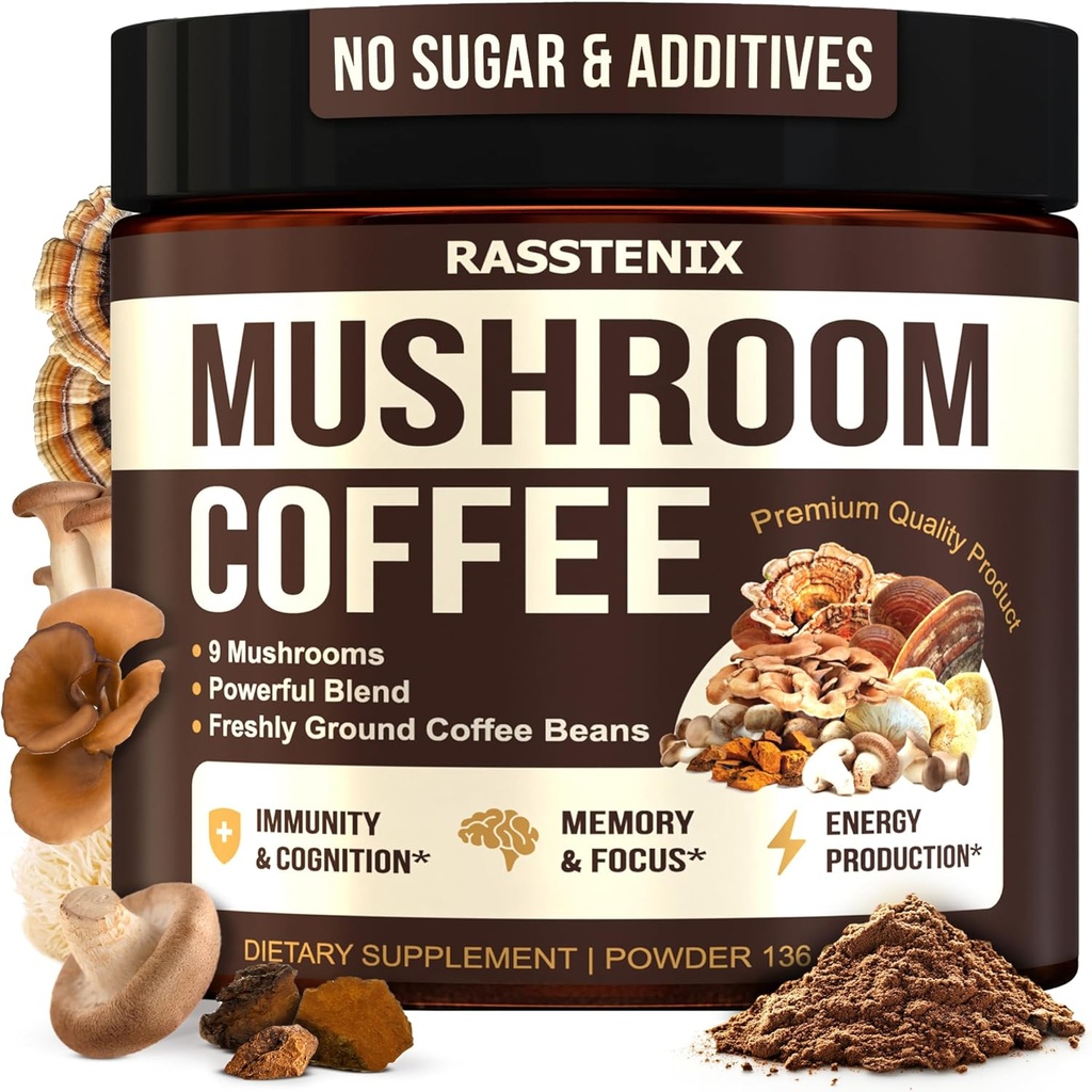 Mushroom Coffee Organic - 9 Pilz Adaptogen Mix - Lion's Mane, Chaga, Turkey Tail, Reishi, Shiitake - Instant Pilze Kaffee für Gut Gesundheit, Energie, Mental Clarity - 60 Portionen