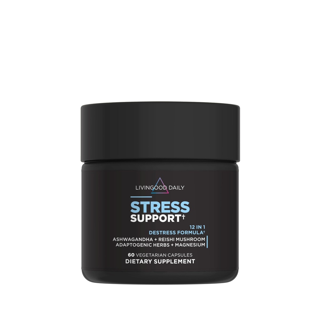 Livingood Daily Stress Support, 12-in-1 Supplement mit Ashwagandha, Reishi Pilz, Vitamin B6, Adaptogenic Kräuter & Magnesium, unterstützt Mood & Calm, Glutenfrei, Vegan, 60 vegetarische Kapseln
