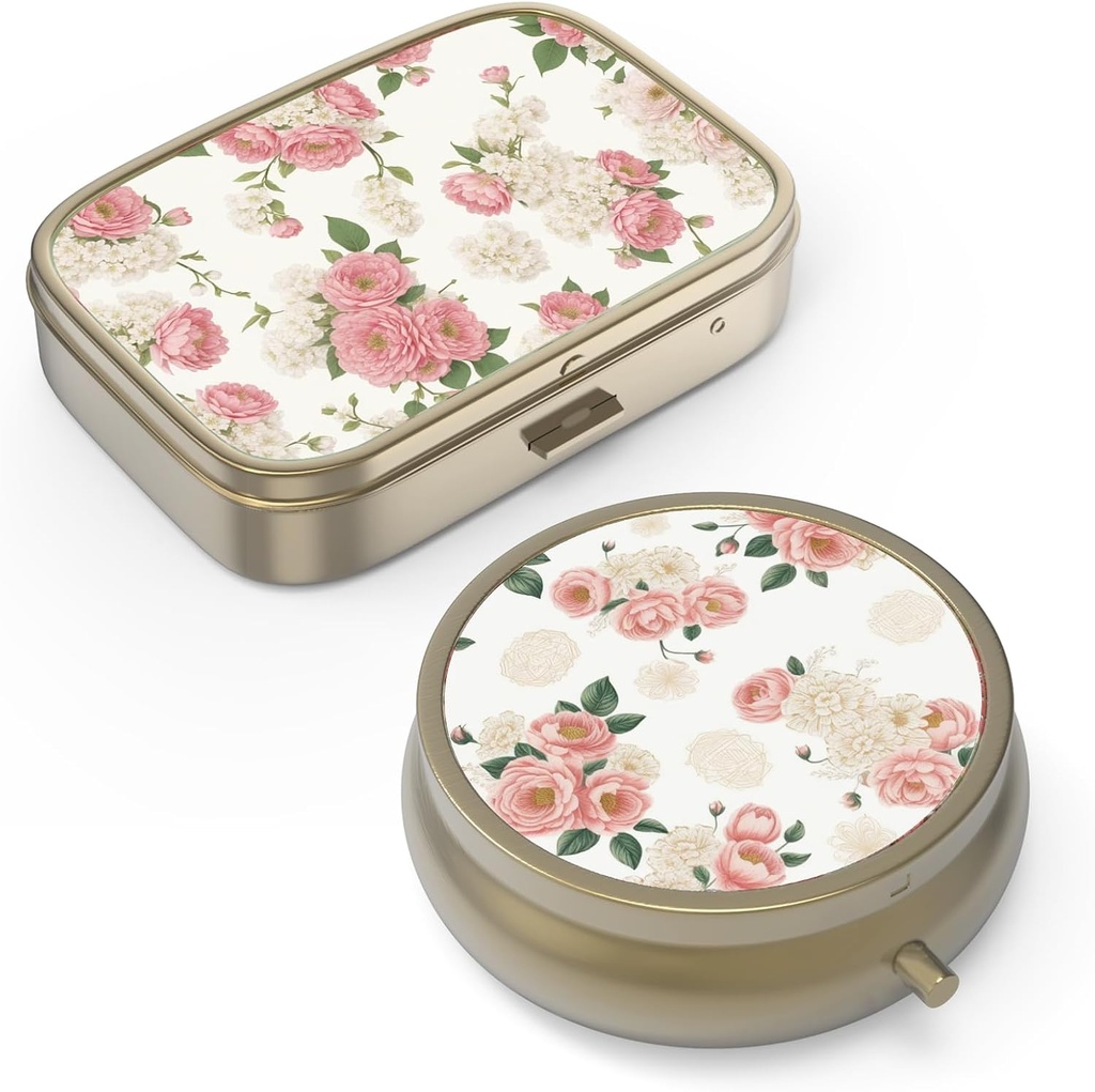 Pill Organizer Pille Box mit Spiegel Retro kleine Pille Fall für Geldbörse oder Tasche Bronze Pille Box oder Vitamine, Fischöl, Ergänzungen, Pille Enthalten Reise Geschenke(2PCS-Retro Pink Floral)