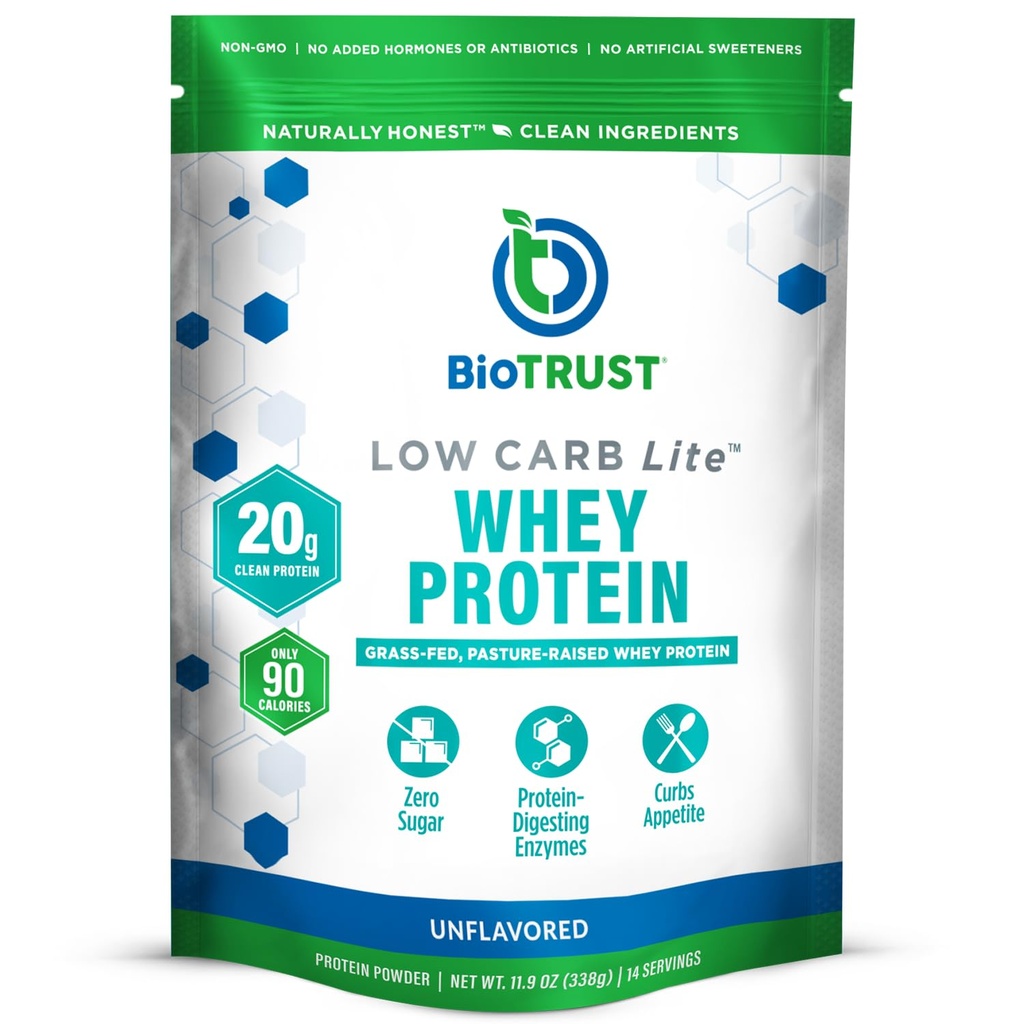 BioTrust Low Carb Lite, Low Calorie Protein Powder – Low Carb, Sugar Free, Low Sodium, Keto Protein Powder – 20g Grass-Fed Whey Protein Isolat mit Verdauungsenzymen – Unflavored, 14 Servings