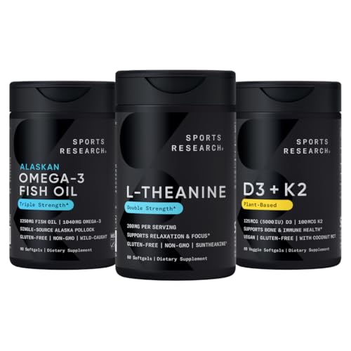 Sport Research Body Wellness Pack - Double Strength L-Theanine (Suntheanine) Ergänzung 200mg, Triple Strength Omega 3 Fish Oil (1250mg) und Vegan Vitamin D3 (5000 IU) + K2 (100mcg Mk7)