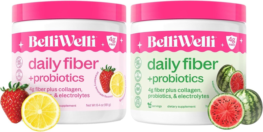 Belli Welli Daily Fiber Supplement Bundle - Erdbeere Lemonade & Wassermelone - Collagen, Probiotics & Elektrolyte für Balanced Wellness - Refreshing Flavors, 32 Portionen Gesamt