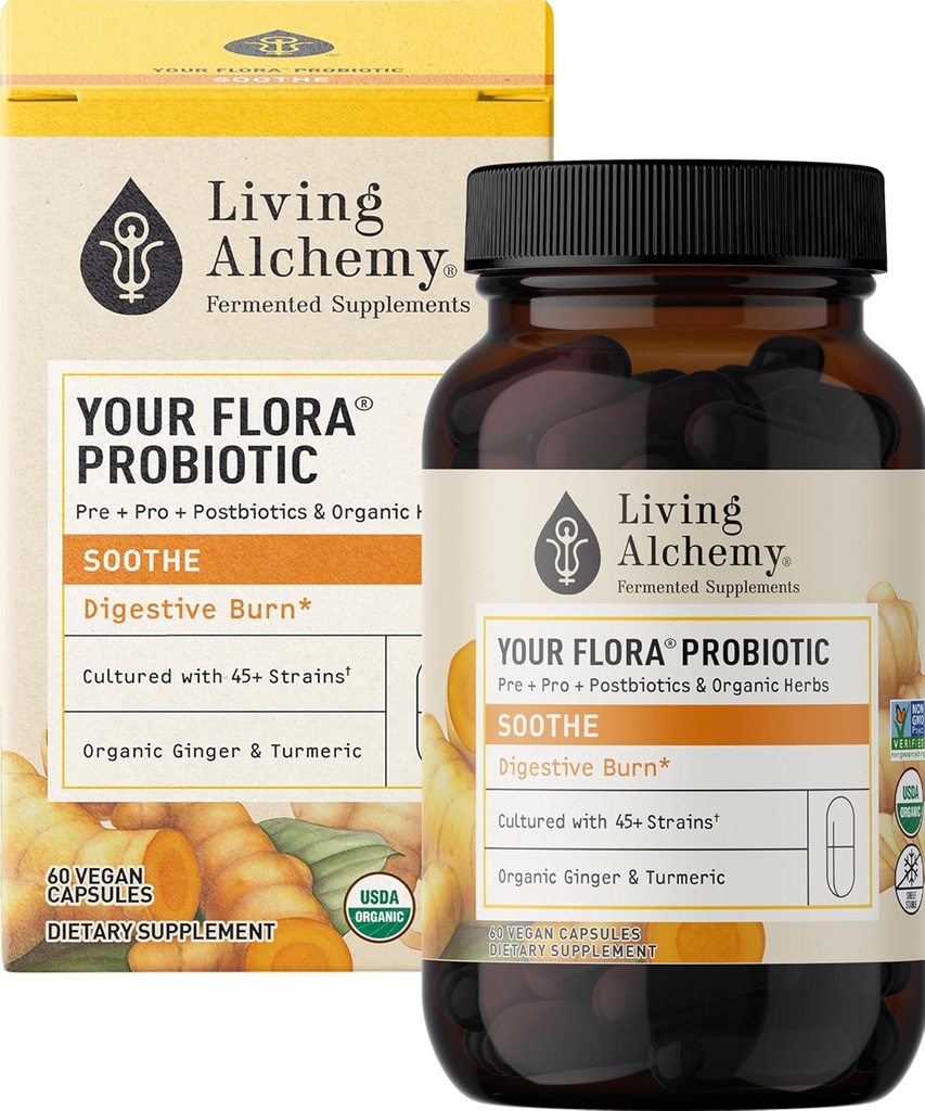 Ihre Flora Probiotic Soothe – Non-GMO Probiotics mit Fermented Soybean, Ginger, & Turmeric für Gut Balance, Digestion, & Support – Prebiotics, Postbiotics, Digestive Enzyme – Living Alchemy, 60 Pcs