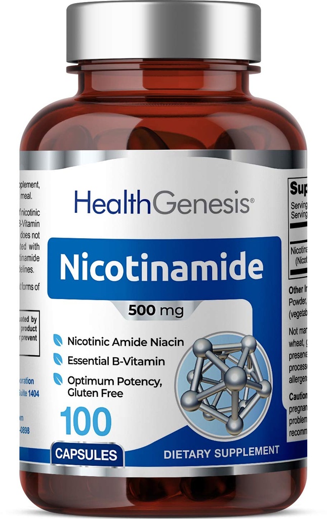 B-3 Nicotinamid 500 mg 100 Caps - Nicotinic Amide Niacin Natural Flush-Free Vitamin Formula - Unterstützt Hautzellengesundheit