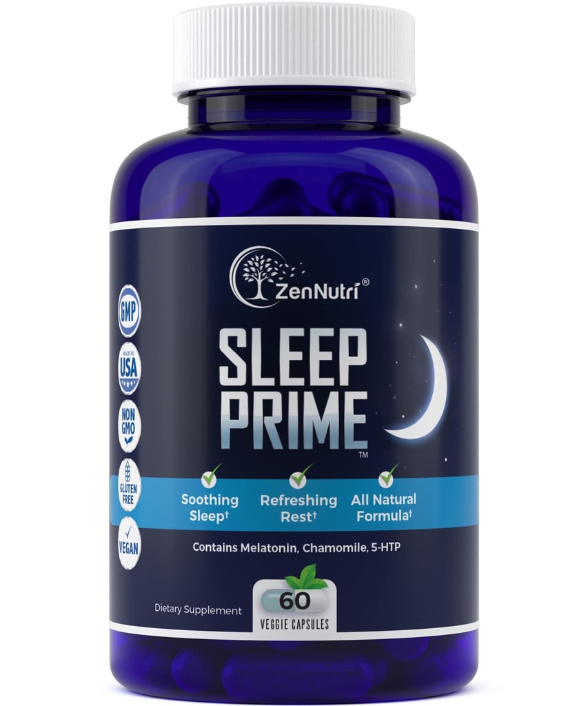 Schlaf Prime Vegan natürliche Schlafhilfe für Erwachsene Extrastärke - Tiefschlafergänzung - Kräuterschlaf Pille - Stress - Melatonin, GABA - 60 Veggie Mützen