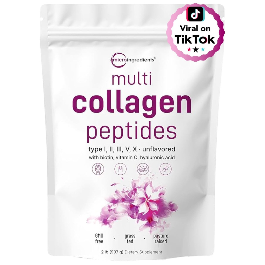 Micro Ingredients Multi Collagen Peptides Powder, 2lb | Typ I, II, III, V, X + Biotin, Vitamin C & Hyaluronsäure | Unflavored | Unterstützt Haare, Haut & Gelenke Gesundheit | Keto, Non-GMO