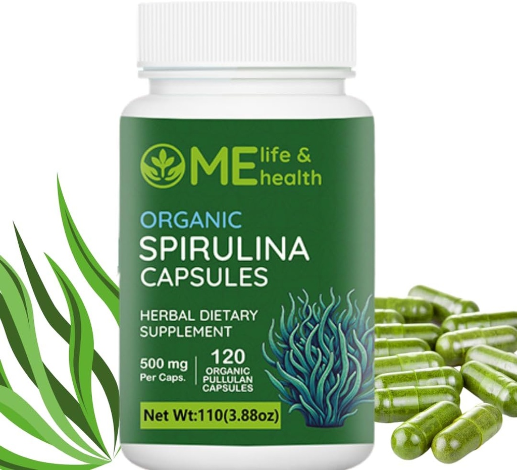ME LIFE & GESUNDHEIT Spirulina Kapseln, 100% Bio Spirulina Pulver (120 ct) 500mg Reich an Protein, Vitamin A, B12 Antioxidantien & Vitamine, Vegan, Natürliche und reine Spiruulina Non-GMO & Gluten kostenlos