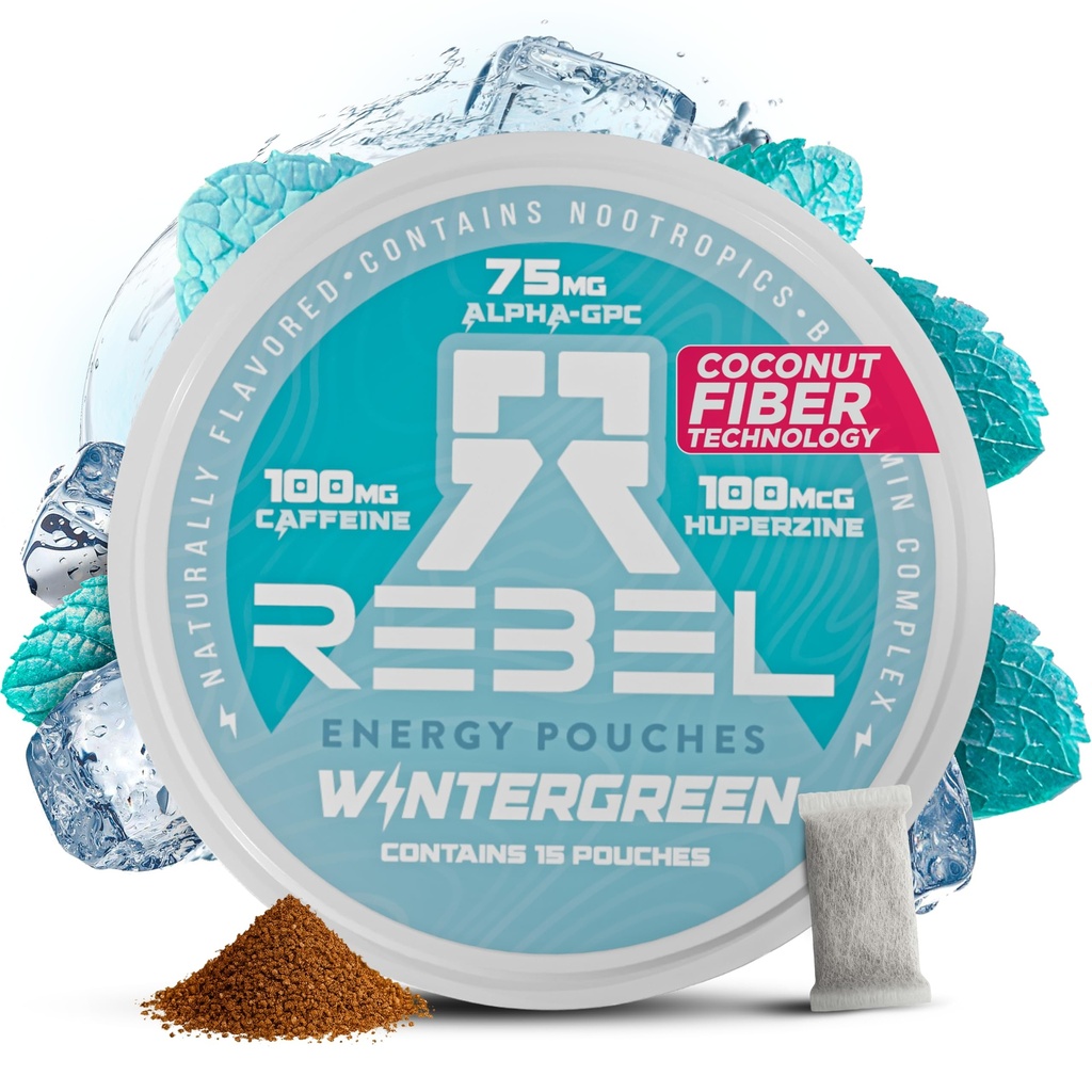 Nootropic Energy Caffeine Pouches • 100mg Koffein • Alpha GPC • Huperzine A & Essential Vitamins • Zuckerfrei • Kokosfasertechnologie • Wintergrün Flavor • 15 Pouches Per Can (Pack von 1)