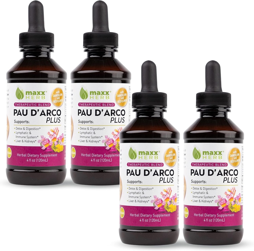 Maxx Herb PAU D’Arco Extrakt mit Dandelion Root & Red Clover Therapeutic Blend, PAU Darco Tinkture absorbiert besser als Taheebo Tee oder Kapseln, für Immununterstützung, 4 Flaschen (240 Servierungen)