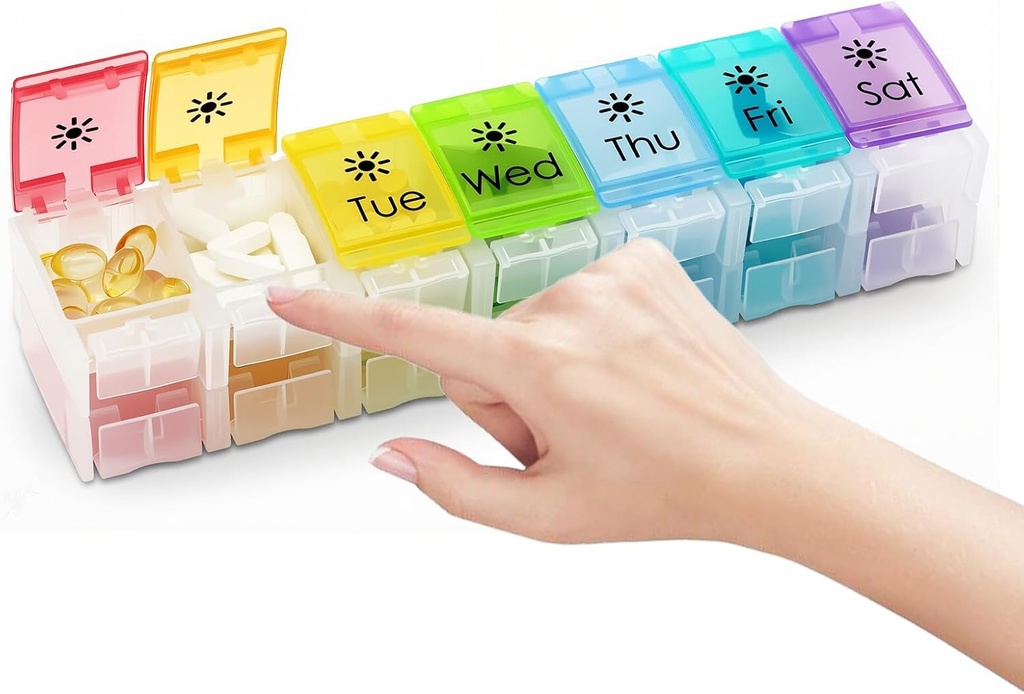 XL Large AM/PM Weekly Pill Organizer Arthritis Friendly, 2 mal pro Tag Pille Box mit Spring Open Design, 7 Tage Vitamin Case mit Push-Knopf-Komponenten