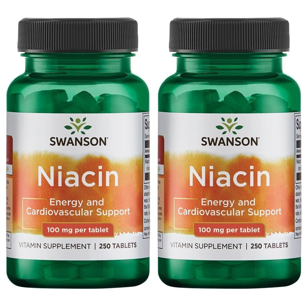 Swanson Niacin (Vitamin B3) - Vitamin Supplement Supporting Heart Health and Carbohydrate Metabolism - Promotes Natural Energy Production - (250 Tablets, 100mg NE Each) (2 Pack)