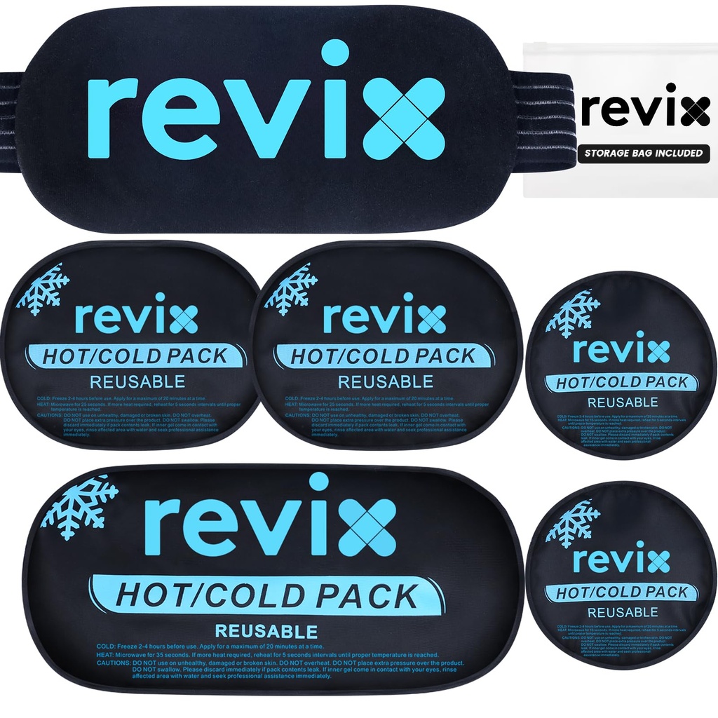 REVIX Ice Packs für Verletzungen Reusable, 5-Piece Set Hot and Cold Gel Ice Pack für Gelenke, Muskeln, Post-Workout Erholung, einstellbare und flexible Kühlpads für Knie, Rücken, Arme und Hals