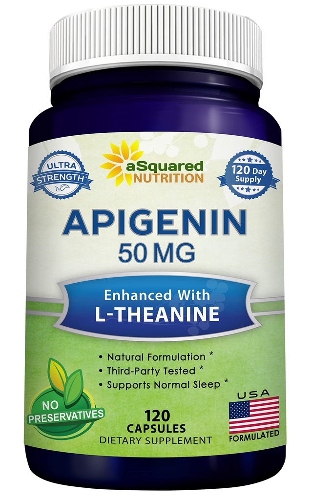 aSquared Nutrition Apigenin 50mg & L-Theanine 200mg - 120 Kapseln - Apigenin Ergänzung Pillen für Schlaf und Entspannung - Natürliche Bioflavonoid Extrakt gefunden in Kamille Tee