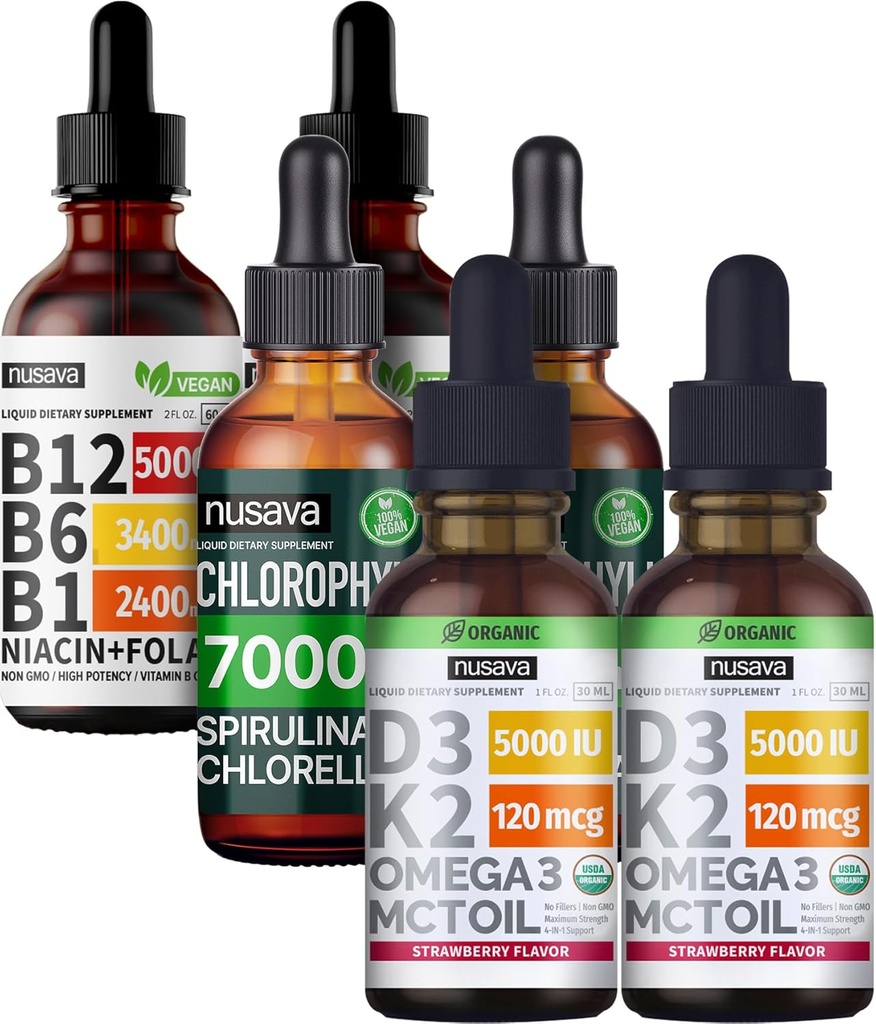 NUSAVA Erdbeer Flavored D3 K2, Chlorophyll, & Vitamin B12 Flüssigkeitstropfen Bundle - Potente flüssige Vitamine für Herz, Energie, Gehirn & Immununterstützung - Non-GMO, Gluten-Free, 2pk Jeder