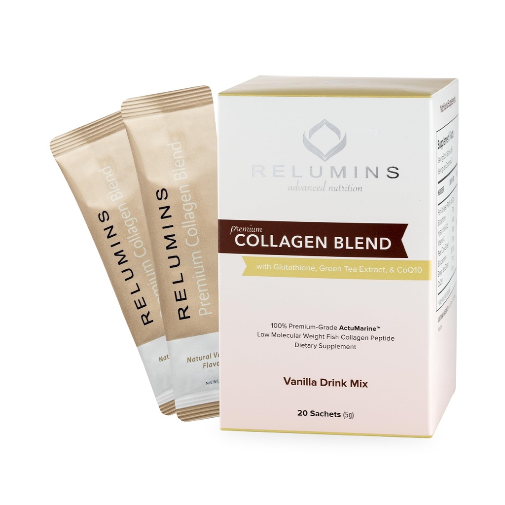 Relumines Marine Collagen Pulver-Mischung - Collagen Peptide mit Glutathion, Grüner Tee, CoQ10, & Hyaluronsäure steigt glatte Glowing Haut - 20 Pulver Beutel x Vanille Flavored + 2 kostenlose Beutel