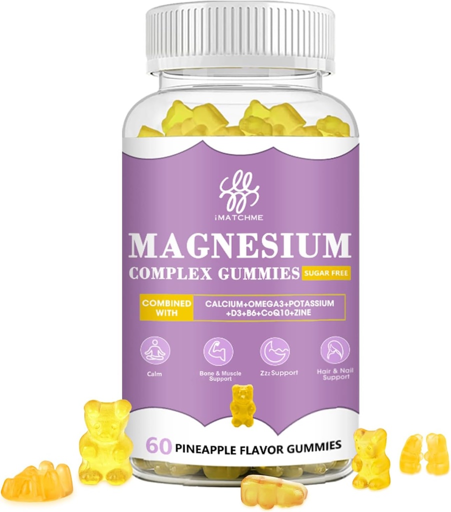 iMATCHME Magnesium Glycinate Gummis mit Magnesium Malat, Taurat, Citrat, Kaliumkomplex Ergänzung mit CoQ10, Calcium, Unterstützung für Gedächtnis, Knochen, Kalorien, Schlaf, 60 Ananasgummis