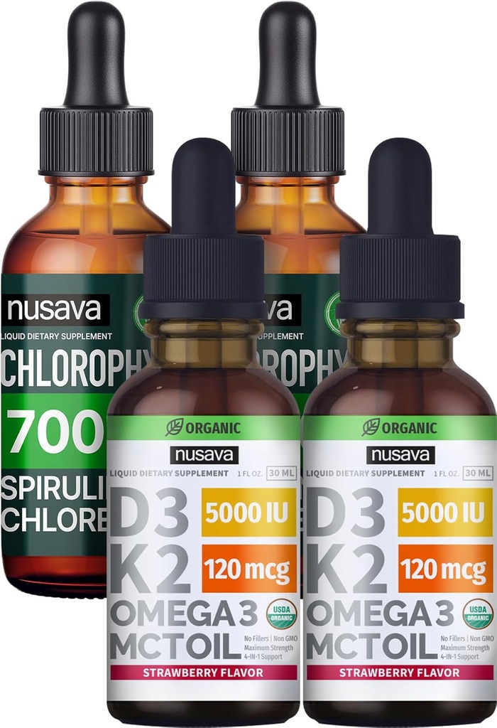 NUSAVA Erdbeer Flavored D3 K2 Tropfen und Chlorophyll Flüssigkeitstropfen Bundle - Potente flüssige Vitamine für Herz, Gelenk, Energie und Immununterstützung - Non-GMO, Gluten-Free, 2pk Jeder