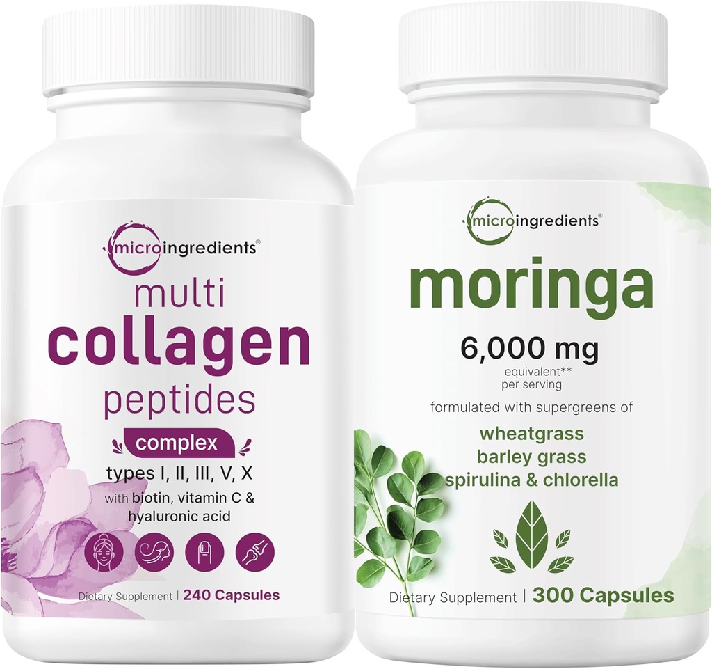 Micro Ingredients Multi Collagen Complex 240 Kapseln & Moringa Oleifera 6.000mg Äquivalente 300 Kapseln Bundle 2 Pack | Hydrolysierte Protein Peptide | Antioxidante Ergänzung