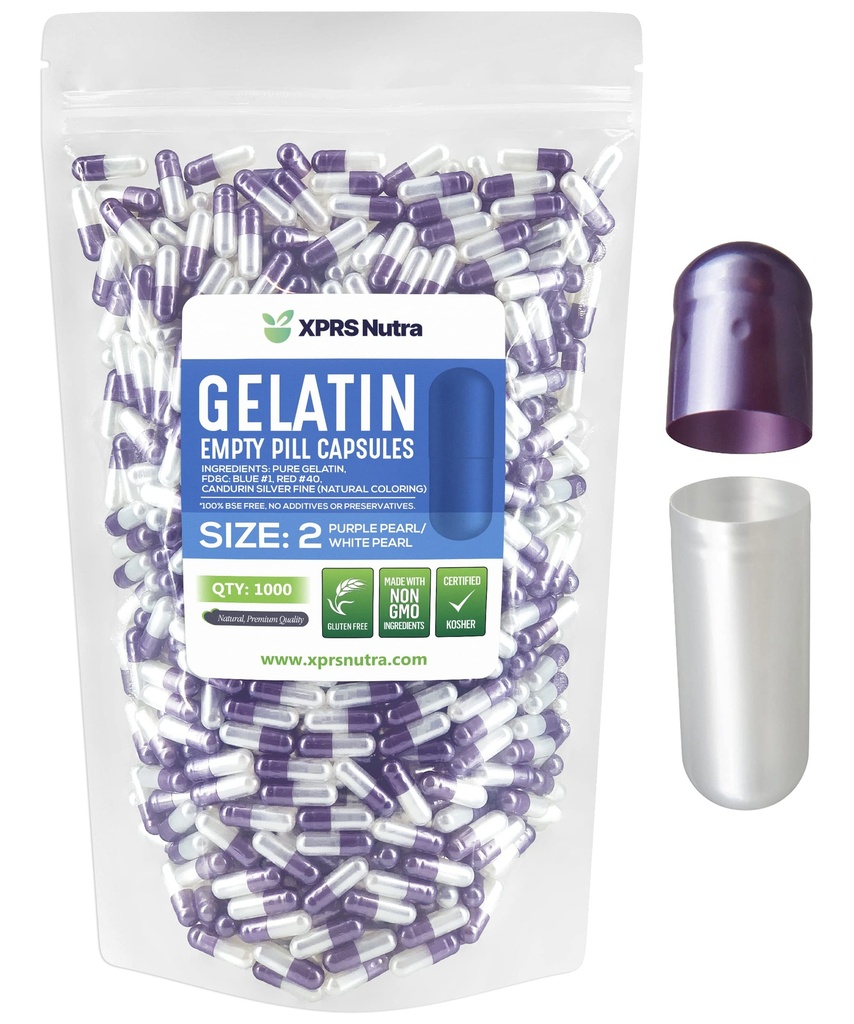 XPRS Nutra Größe 2 Leere Kapseln - 1000 Graf Leere Gelatine Kapseln - Pillen DIY Kapsel Füllung - Pure Bovine Pill Gel Kapseln für Do-It-Yourself Ergänzungen (Pearl Purple/White)