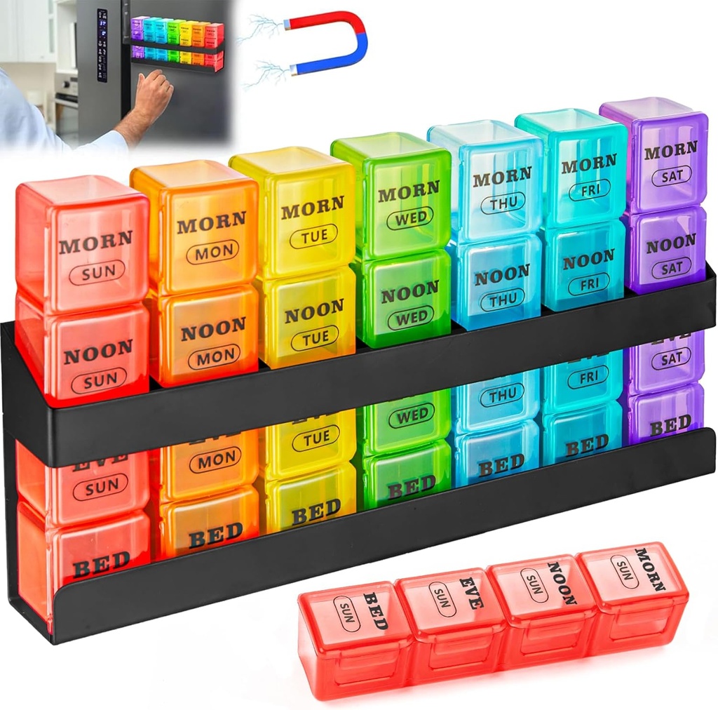 Pill Organizer 4-Zeiten pro Tag: Wöchentliche Pille Box 7 Tag mit Magnetregal - Große Komponenten Pille Fall - abnehmbare Medikamente Organizer Spender für Fischöle Vitamin Holder Supplement (Rainbow)