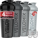 VELOMIX -4 Pack- 28 oz Protein Shaker Flaschen für Proteinmischungen - 4x Wire Whisk | Leak Proof Shaker Cups für Protein Shakes | Protein Shaker Bottle Pack (Silver Mix)