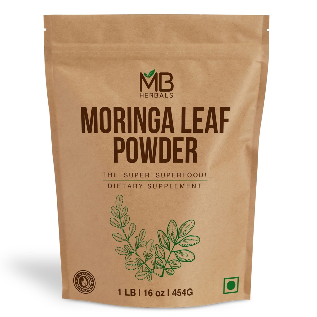 MB Kräuter Moringa Blatt Pulver 1 lb / 16 oz (454 Gramm) | 100% reines Moringa Pulver | Leichte Mischungen in Getränken & Smoothies | Keine Konservierungsstoffe