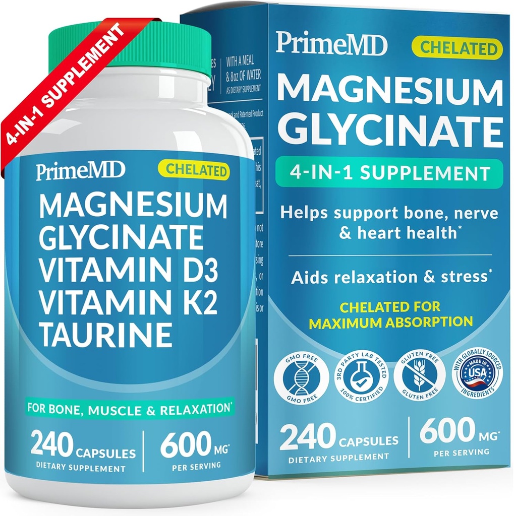 4-in-1 Chelat Magnesium Glycinat 500mg mit Taurine - Magnesium Citrat für Knochen, Muskel und Entspannung - Magnesium Glycinat Kapseln mit Vitamin D3 K2 - Non-GMO & Glutenfrei (240 ct)