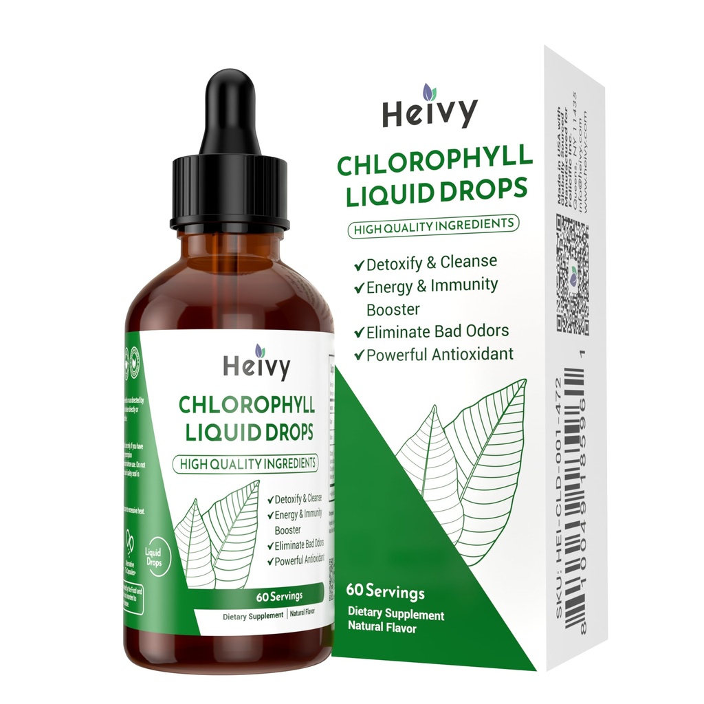 Heivy Chlorophyll Flüssigkeitstropfen, Flüssige Chlorophyll-Ergänzung, Chlorophylltropfen für Innendeodorizer, Radiant Skin, Detox, Antioxidans, Immununterstützung, Glutenfrei, Natürliches Aroma - 2 FL OZ