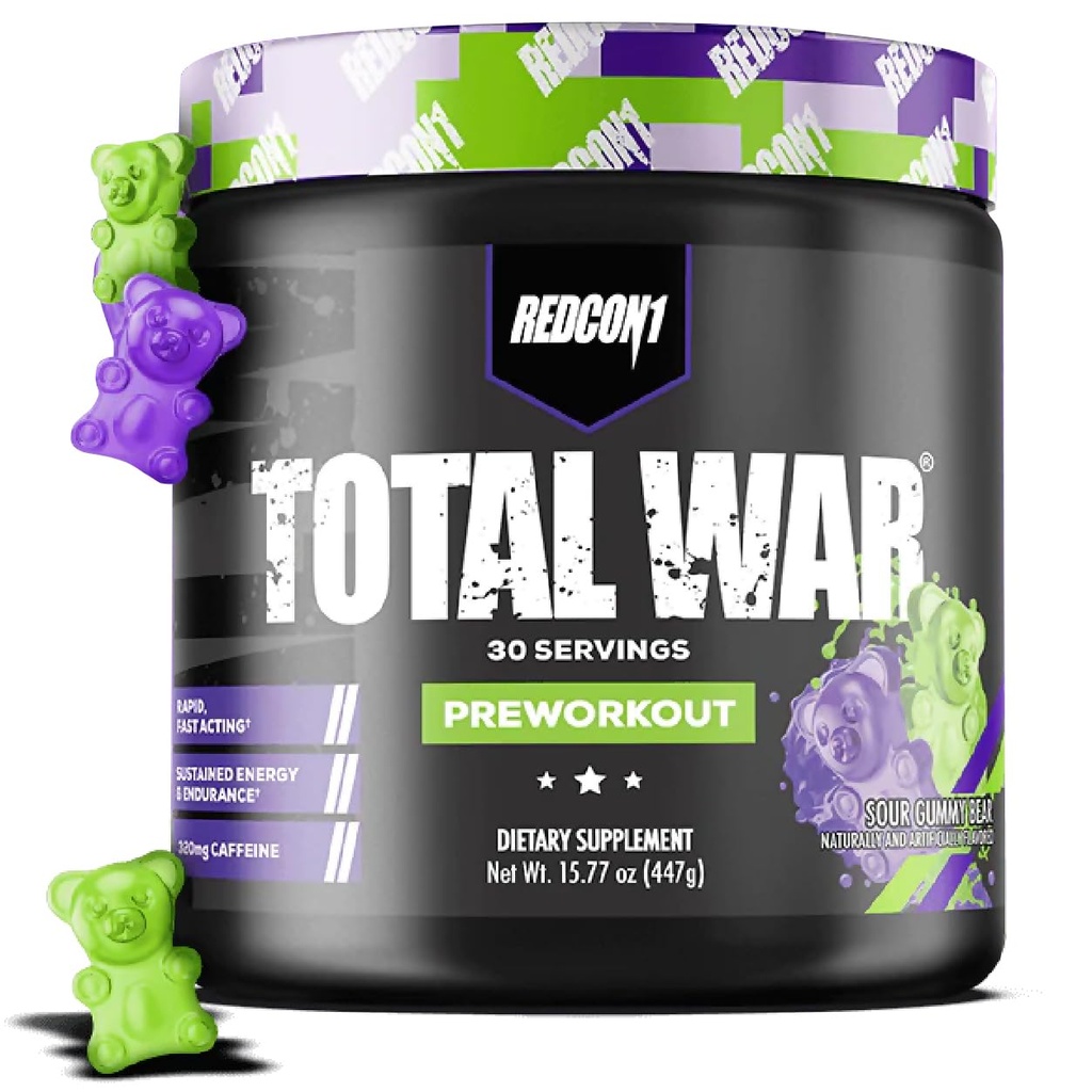 REDCON1 Total War Pre Workout, Sour Gummy Bear - Fast Acting Caffeinated Preworkout für Männer + Frauen mit Beta Alanine - Enthält Citrulline Malate für erhöhte Pumpe, Blutfluss (30 Portionen)