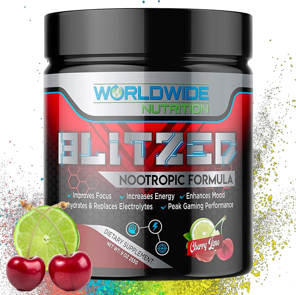 Weltweite Ernährung Blitzed Nootropic Formel - Alle Natürliche Energie-Getränk-Mischpulver - Gehirn-Ergänzungen für Gedächtnis und Fokus - Enhanced Focus und Energie-Ergänzung- Kirsche Lime Flavor - 30 Portionen