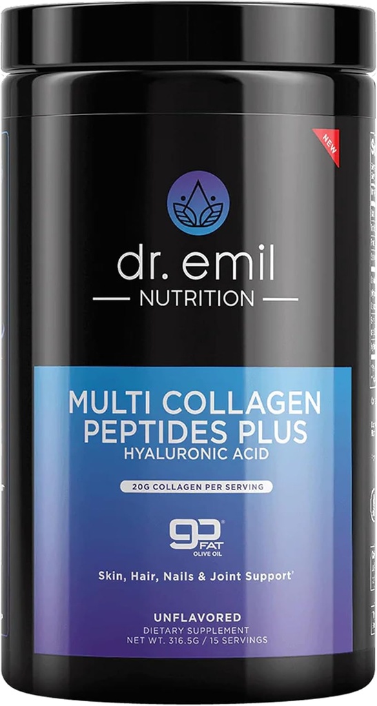 DR. EMIL NUTRITION Multi Collagen Peptides Powder - 20g Unflavored Hydrolysed Collagen Protein Powder mit Hyaluronsäure für Haare, Haut, Nägel und Gelenke - 15 Servietten