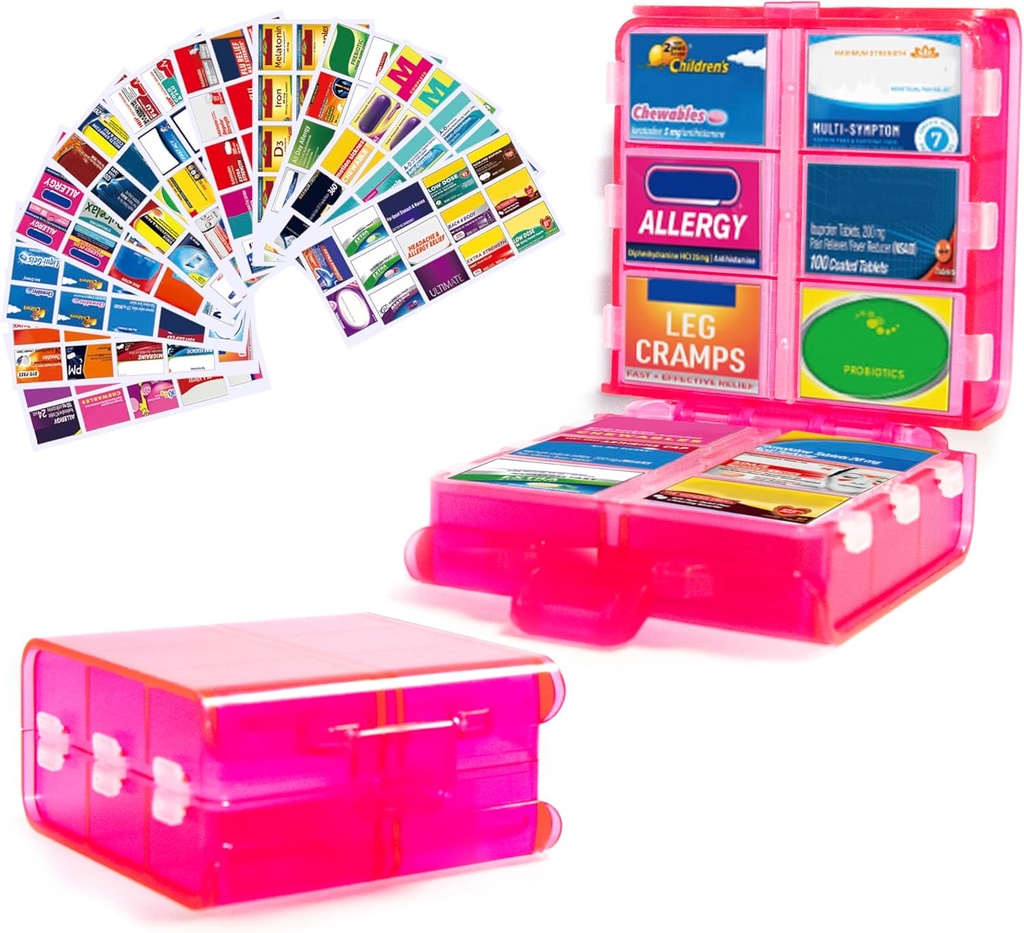 Große Pille Organizer mit Medizin Etiketten, Pill Dispenser 12-Compartment Reise-Medikament-Storage-Gehäuse, 7-Day Pillen-Box für Vitamine und Ergänzungen (Pink, 161 Labels)