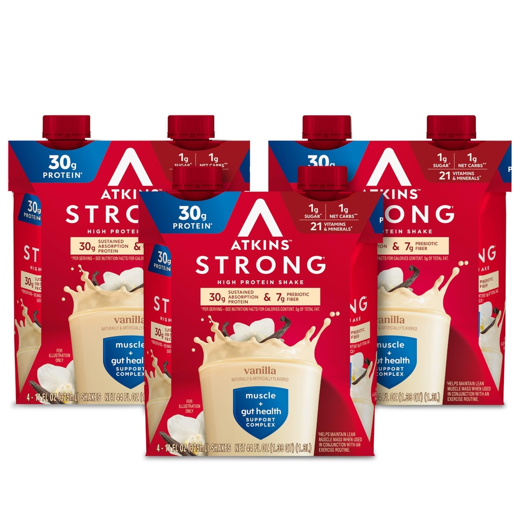 Atkins Strong High Protein Shake, Vanilla Flavored, 30g Protein, Low Carb und Low Sugar Shake, Keto Friendly, Glutenfrei, Muskel und Gut Health Support Complex, 12 Count
