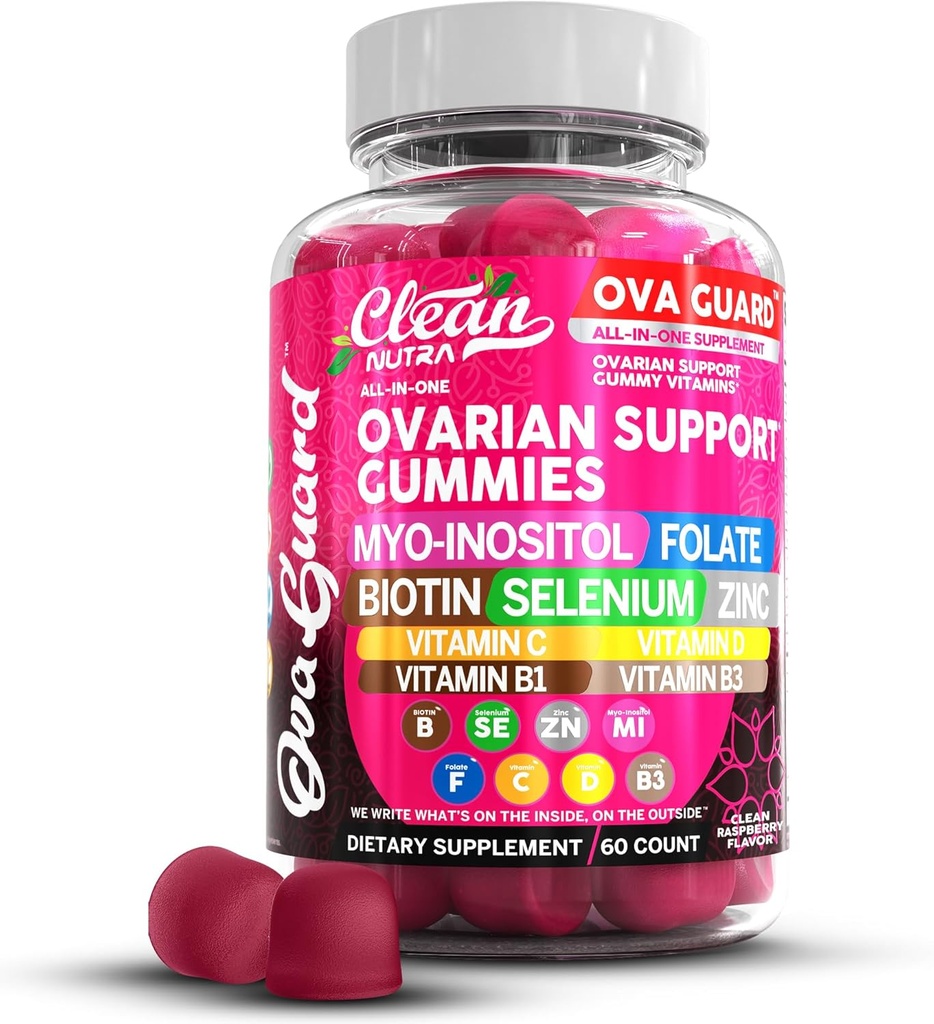 Clean Nutraceuticals Ovarian Health Support | Myo-Inositol & D-Chiro Inositol Gummies | Folate Selenium Zink Vitamin C D B1 B3 Maca Root Choline Bitartrate Sting Nettle N Acetyl Cystein Clean