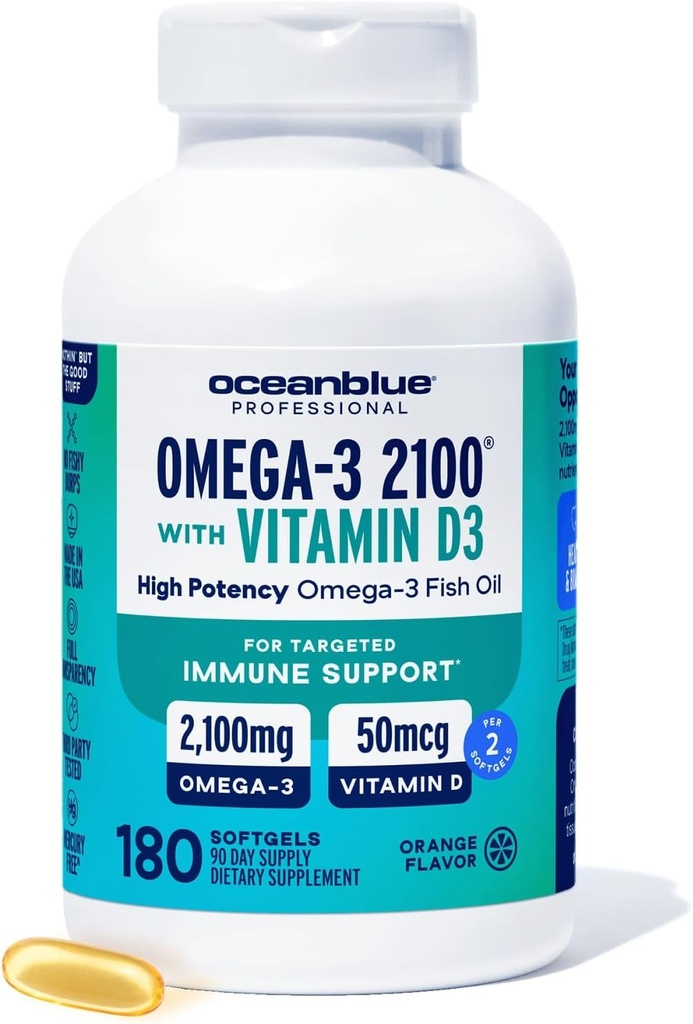Oceanblue Professional Fischöl mit Vitamin D3 | Dreifache Stärke 2100mg Omega 3 DPA EPA DHA | Wild Caught | Burpless Orange Flavor, 90 Portionen (180 Zähler)