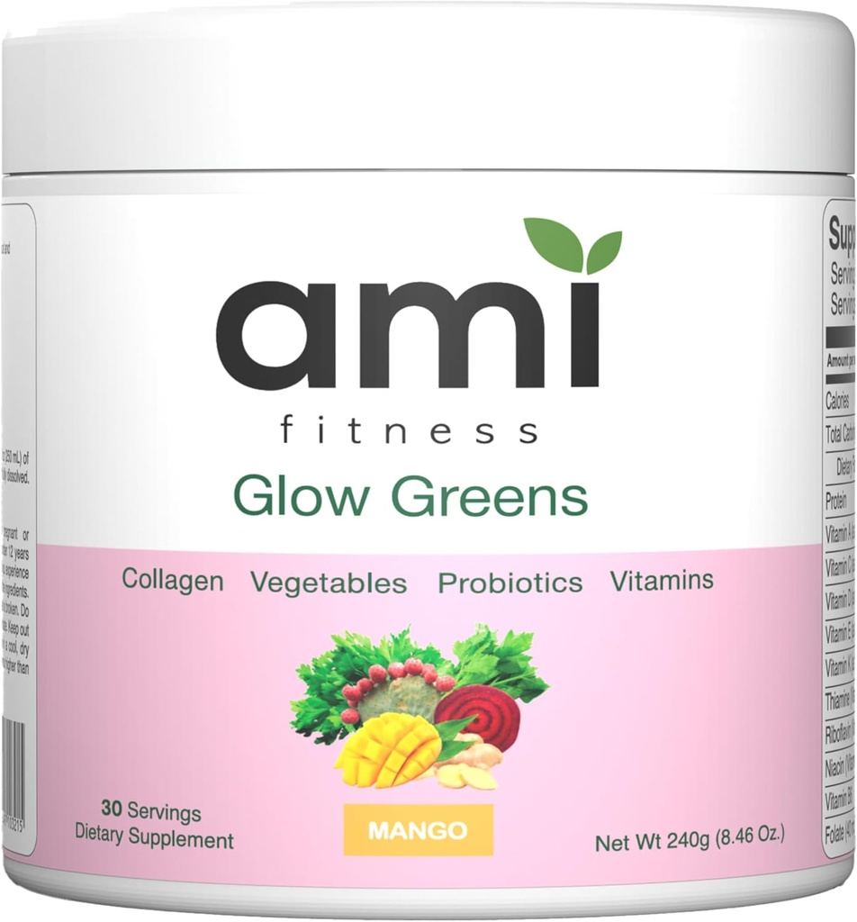 Glow Greens Powder, Collagen mit Probiotika, Vitamine, Verdauungsenzyme, Superfoods, Gut Health, Bloating Relief, Radiant Skin, Natürlicher Glow, Spirulina, Juice Mix, 30 SVG, Mango