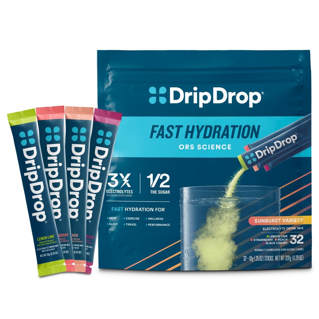 DripDrop Hydration Packets - Sunburst Variety Pack - Single Serve Electrolytes Powder Drink Mix - Lemon Lime, Erdbeere, Peach, Black Cherry - Non-GMO, Gluten Free, Vegan - 32 Sticks