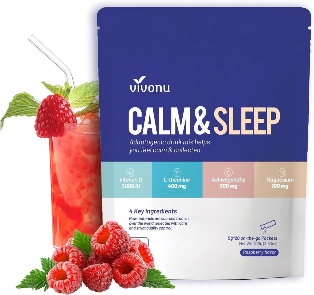 VivoNu Calm & Schlaf Pulver Getränke Mix Himbeer L Theanine Ksm-66 Ashwagandha Magnesium Glycinate Vitamin D 3 Ergänzungen für Entspannung & Fokus (VSC M2)