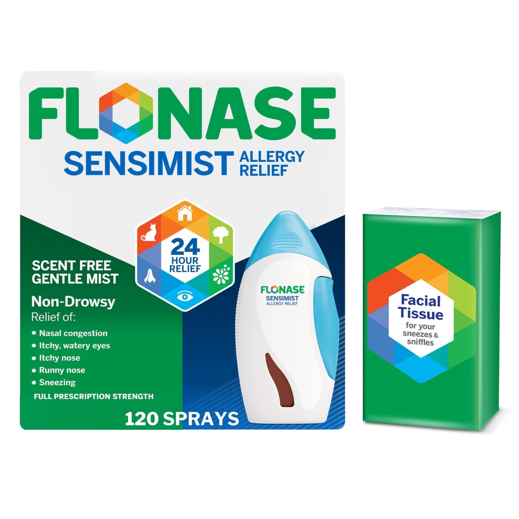 Flonase Sensimist Allergy Relief Nasal Spray - Nicht-Drowsy 24HR Lang anhaltendes Allergy Relief mit feinem, scent-Free Mist - 120 Sprays Plus Bonus Pack von Tissues