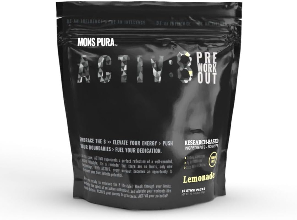 Activ8 Pre-Workout Lemonade Pouch: Aktivieren Sie Workouts mit forschungsbasierten Inhaltsstoffen - 250mg Koffein, Sugar-Free 25 Stick Pack