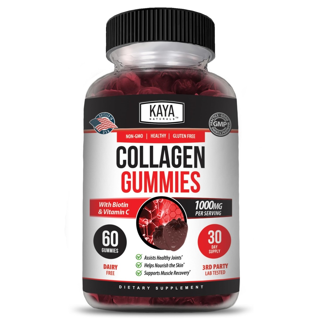 Kaya Naturals Collagen Gummis für Herren & Frauen Beilage | Nature Made Gummis - 1000mg hydrolysiertes Kollagen, Vitamin C, Selenium & Biotin, Erdbeeren Flavor - 60 Count Gummis