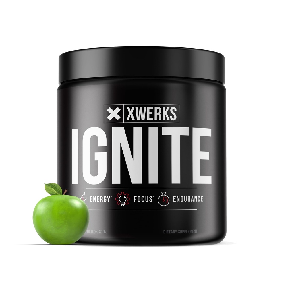 Xwerks zündet Green Apple Pre Workout Powder, Natural Keto Pre Workout für Frauen und Männer mit Explosive Energy, Gluten Free Blend für Endurance und Stamina, 150mg Koffein, 30 Servierungen
