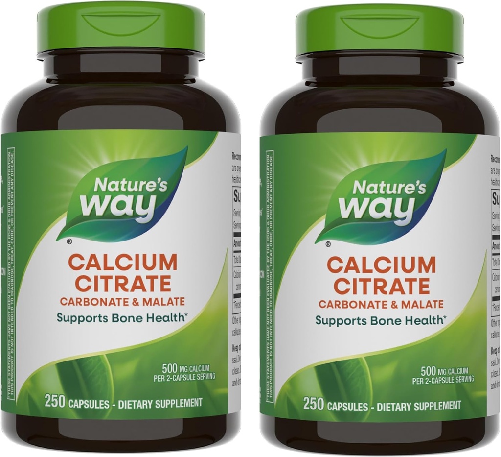 Nature's Way Calcium Citrat, 500 mg Calcium pro 2-Kapsule Servieren, für Knochen Gesundheit & Muskel Funktion*, Mischung aus Citrat, Kohlensäure und Malat, Glutenfrei, 250 Kapseln (Packaging May Vary) - 2 Packung