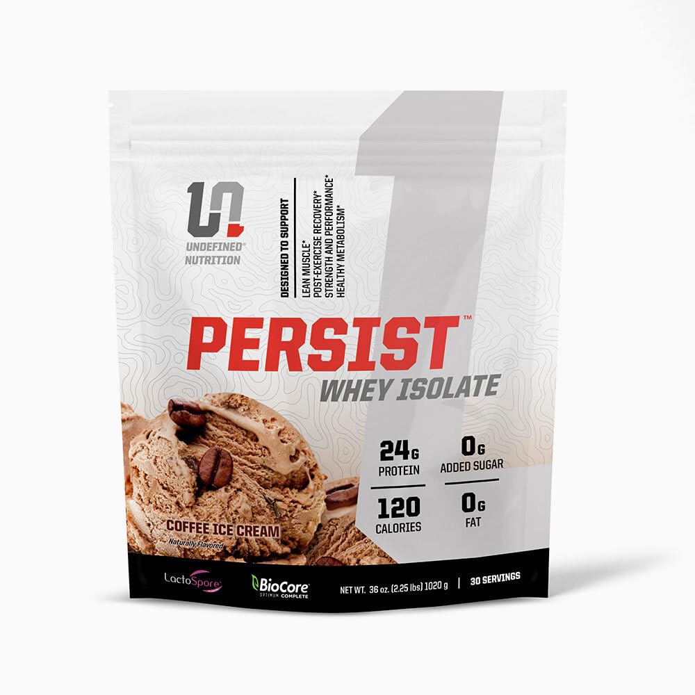 Undefinierte Ernährung Persist Whey Isolate von Brian Shaw - 24g Protein, 30 Servierungen – Unterstützt Erholung, Stärke & Leistung - Glutenfrei, Fast Absorbing (2.18lbs, Kaffee Eiscreme)