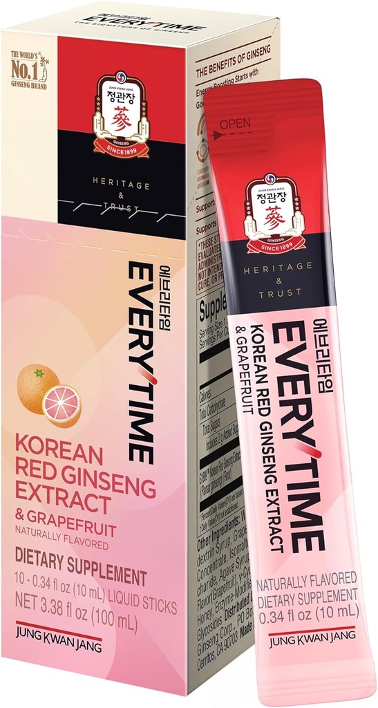 JUNG KWAN JANG Everytime Korean Red Ginseng Extract 1,000mg & Grapefruit - Vegan Ginseng Root Energy Drink Liquid Stick Supplements - Builds Stamina & Immunity, No Caffeine (10 Sticks, 0.34 fl oz)